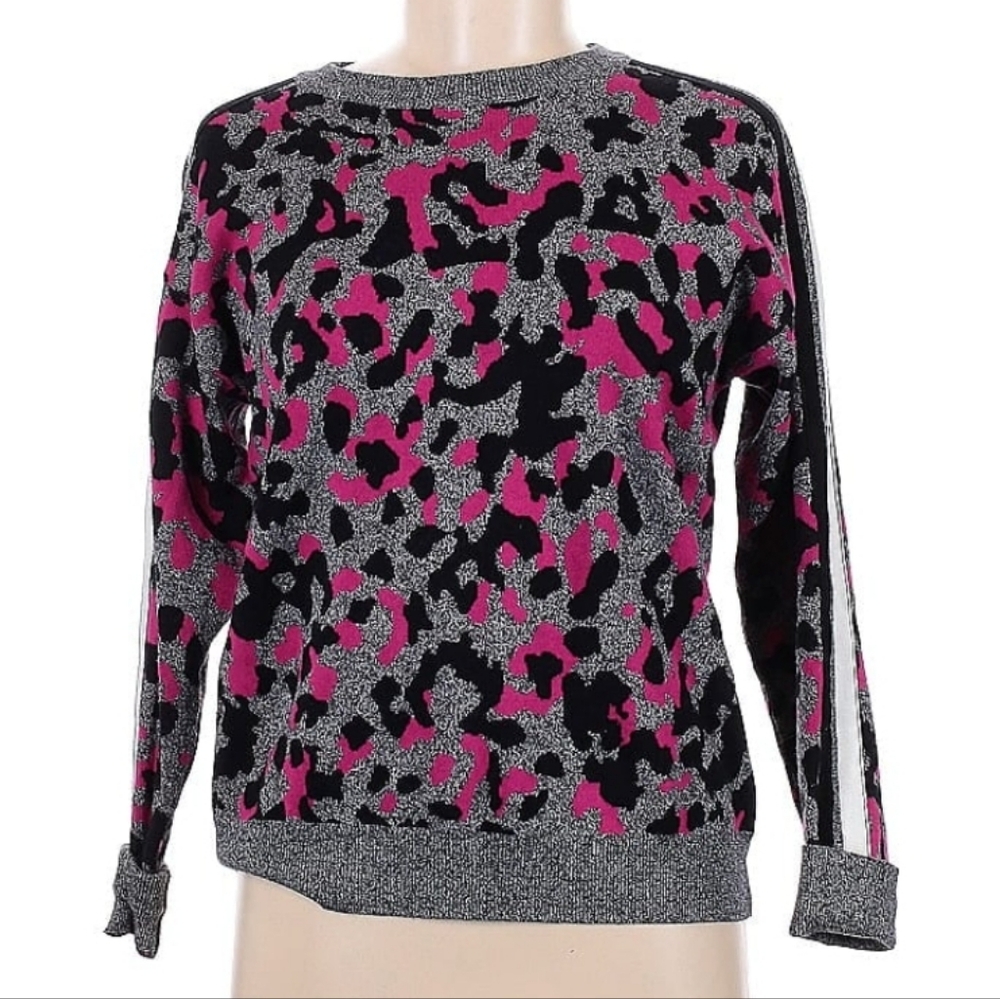 Michael Stars Crewneck Sweater Pink/Black Animal Print Size Large NWT